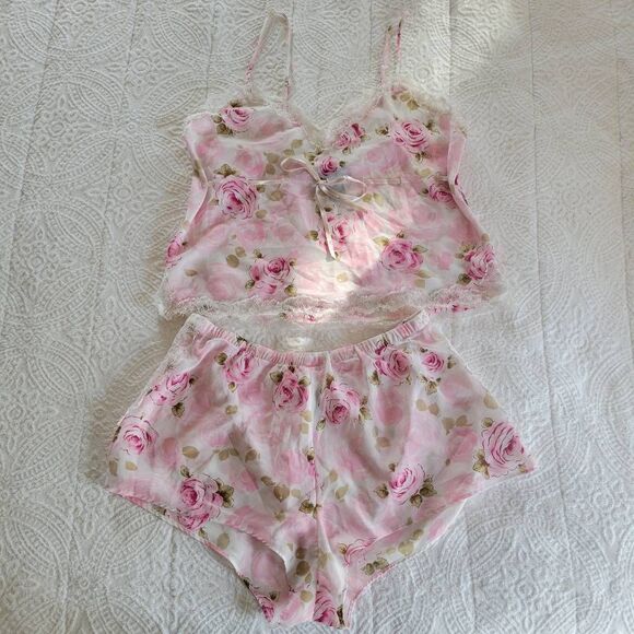 Fantasies by Morgan Taylor Floral Lace Cami & Shorts Set Women’s Small Pink Gree - Picture 1 of 8